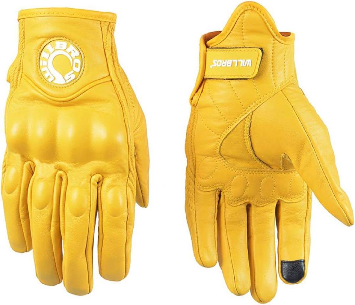 【新品･未使用】Willbros グローブ バイク 手袋 黄色 Mサイズ レザー フルフィンガー スマホ対応 オートバイ