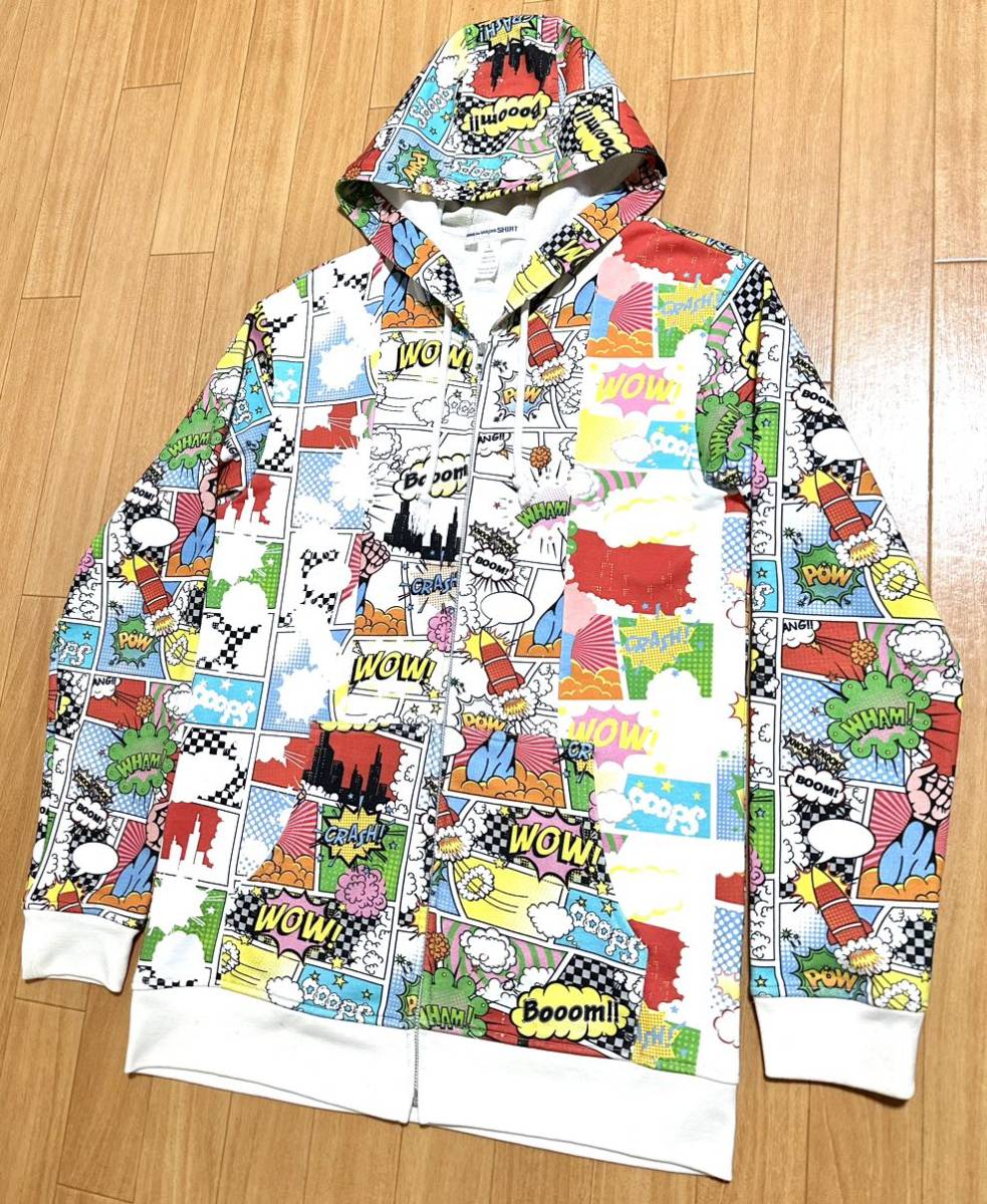 コムデギャルソン shirt 19aw 総柄 フードパーカー アメコミ 切替パッチワーク comme des garcons 2019awスウェット ジップパーカー_画像5