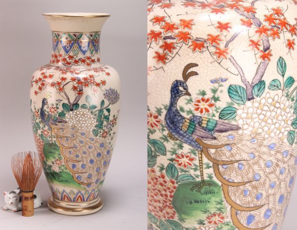 BE533　薩摩焼　寿官銘　花鳥図花瓶　花器　花入れ　飾り花瓶　色絵磁器飾壺