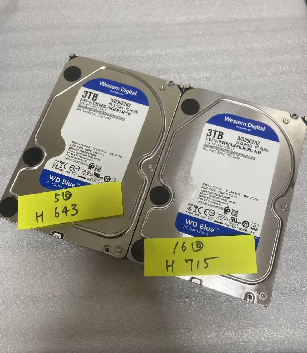 Western Digital HDD 3TB 2枚セット 計6TB WD SATA ハードディスク 大容量データ 正常 643時間/715時間_画像1