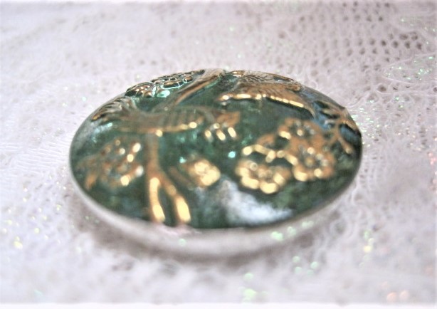 *u Ran glass # gold paint flowers and birds nature's beauty green glass button approximately 2.7.G-13864 handicrafts supplies Czech hand made Vintage 