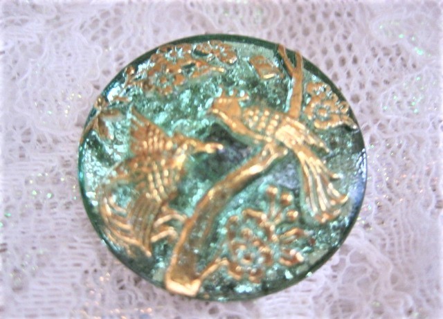 *u Ran glass # gold paint flowers and birds nature's beauty green glass button approximately 2.7.G-13864 handicrafts supplies Czech hand made Vintage 