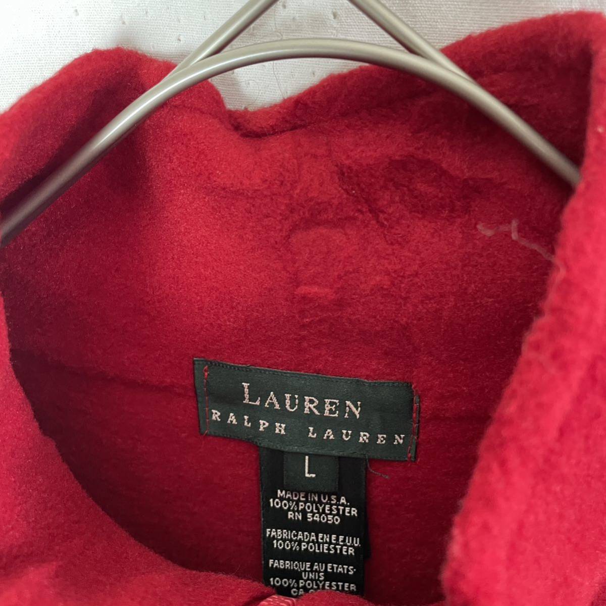 LAUREN RALPH LAUREN アメリカ製　ハーフジップフリースジャケット　古着　Lサイズ　レッド　刺繍ロゴ_画像4