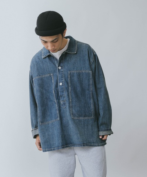 【美品】HOUSTON ヒューストン USA COTTON DENIM PULLOVER SHIRT デニム プルオーバー シャツ 長袖 U.S.ARMY アーミー メンズ Mサイズ_画像1