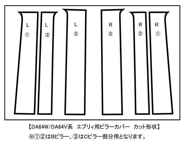 【ドレスアップ】DA64V/DA64W エブリィバン/エブリィワゴン 4Dカーボンピラーカバー6P【バイザー無し車用】【ピラーガーニッシュ】_画像2