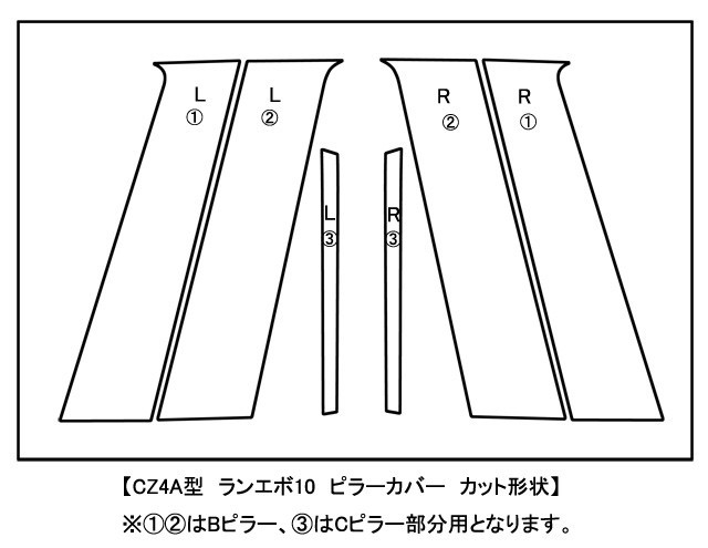 【ドレスアップ】CZ4A エボX / エボ10 4Dカーボンピラーカバー6P【バイザー無し車用】【ピラーガーニッシュ】の画像2