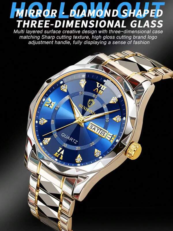 腕時計 メンズ クォーツ ビジネス用 ステンレス製 クオーツウォッチ 男性用 夜光 日付表示付き 高級感溢れるゴールドの画像4