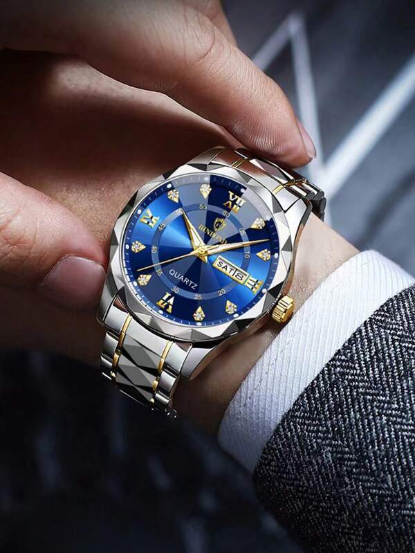 腕時計 メンズ クォーツ ビジネス用 ステンレス製 クオーツウォッチ 男性用 夜光 日付表示付き 高級感溢れるゴールドの画像6