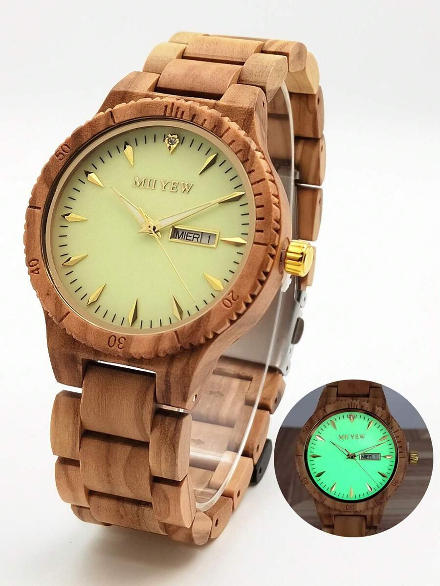 腕時計 メンズ クォーツ 腕時計 男性用 自然 オリーブウッドのラウンド ダークグリーン輝き 組み込み カレンダー 週表示付き ラ