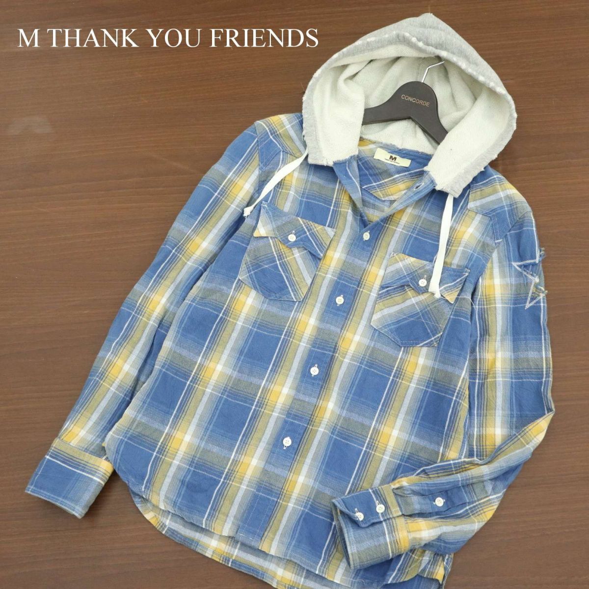 M THANK YOU FRIENDS エム サンキューフレンズ スウェット切替★ 長袖 パーカー ウエスタン チェック シャツ Sz.M　メンズ　A3T15389_C#C_画像1