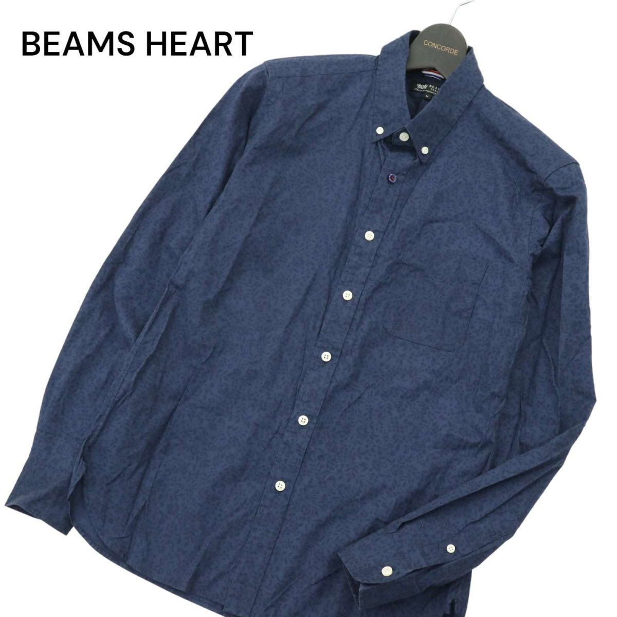 BEAMS HEART ビームス ハート 通年 花柄 フラワー 総柄★ 長袖 ボタンダウン シャツ Sz.M　メンズ ネイビー　A4T00494_1#C_画像1