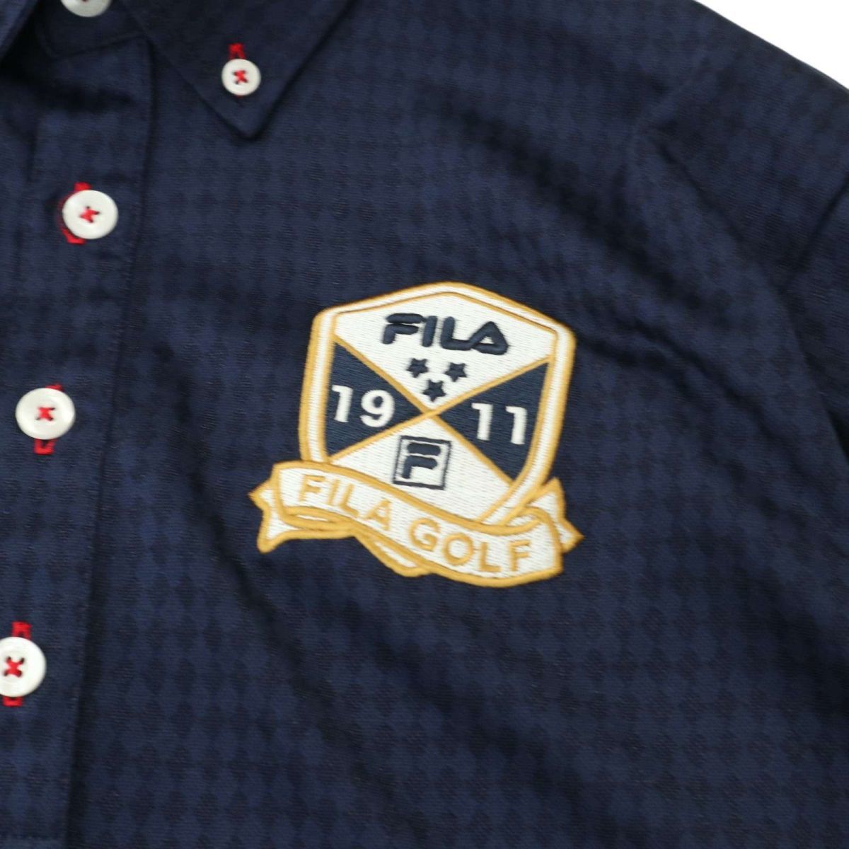 FILA GOLF フィラ ゴルフ 通年 ロゴワッペン★ ダイヤ柄 長袖 ボタンダウン ポロシャツ Sz.L　メンズ ネイビー　A4T00733_1#C_画像5