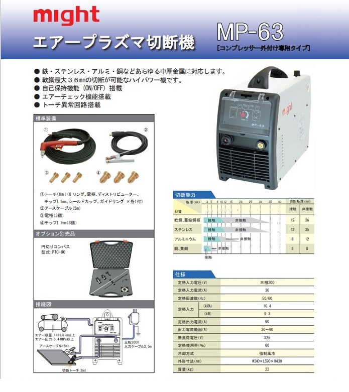 送料無料 マイト工業 MP-63 エア－プラズマ切断機 コンプレッサ外付専用タイプ 軟鋼最大 36mmの切断が可能なハイパワー機 三相200V 新品_画像2