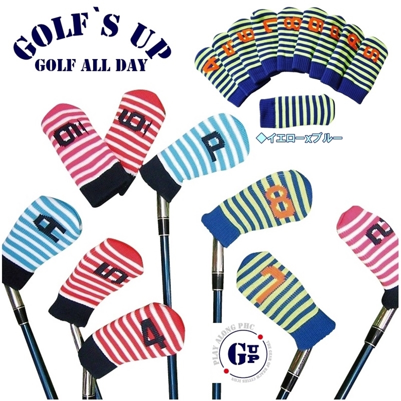 ☆1送料無料『GOLF`S UP』（BLxNA)ゴルフズアップGOLF`S UP ストライプアイアンカバーニット素材10個セット（ブルー・ネイビー） GUIC-001_画像1