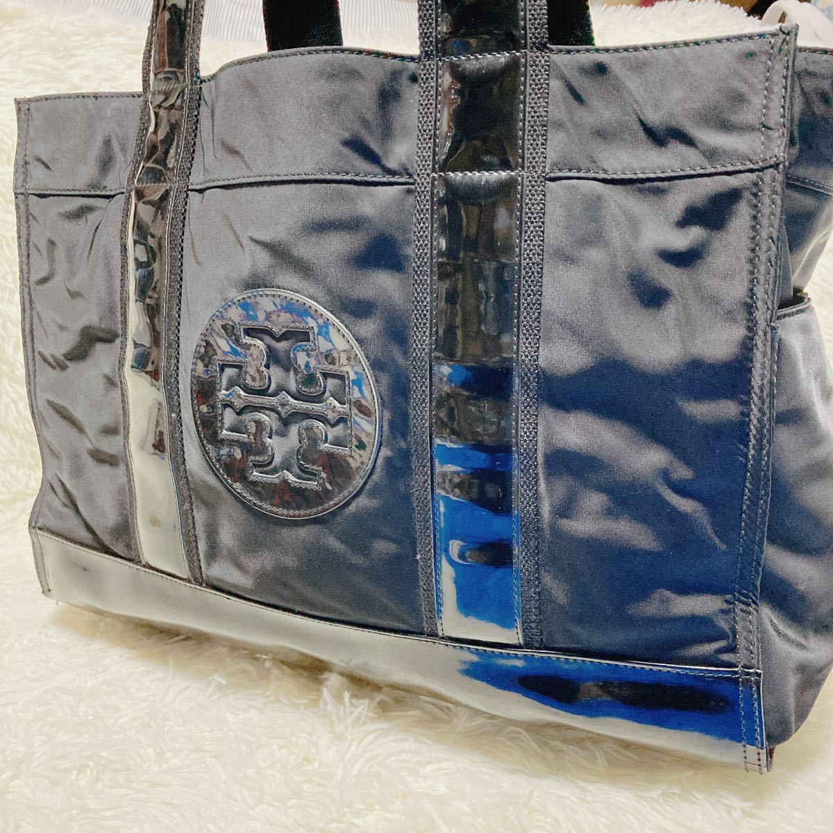 1円〜 美品 A4可 TORYBURCH トリーバーチ メンズ レディース ビジネス トートバッグ ハンドバッグ 肩掛け ナイロン エナメル ブラック 黒 _画像1