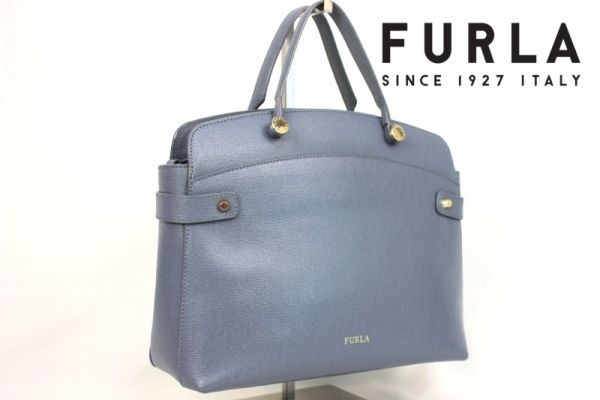 FURLA フルラ 2way ハンドバッグ ショルダーバッグ レザー 肩がけ ライトブルー 超美品 1円_画像1