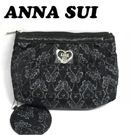 【ANNA SUI】(NO.2084)アナスイ コスメポーチ　ミニミラー付き　ブラック　ラメ入り蝶刺繍　未使用_画像1