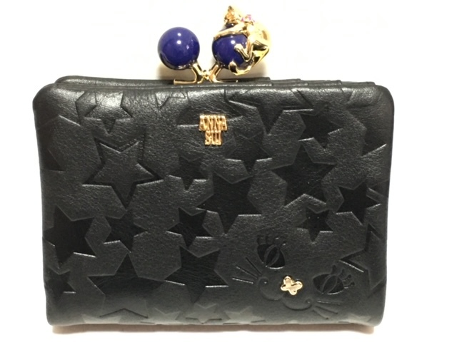 【ANNA SUI】(NO.2715)アナスイ 口金二つ折り財布　プレイングキャット 牛革　ブラック　未使用_画像2