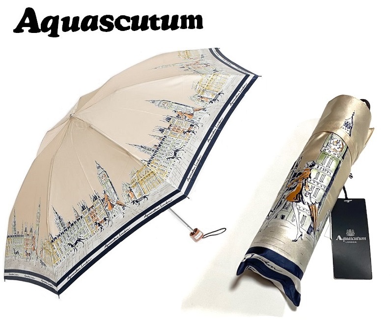 【Aquascutum】(NO.5536）アクアスキュータム 折りたたみ傘　雨傘　ベージュ　ロンドンガール　未使用