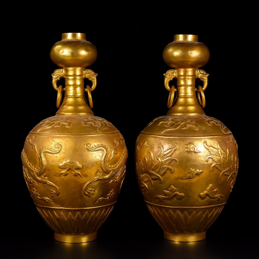  *珍品旧蔵*清 銅流金花瓶一対の精巧で絶倫な手作り刻 極細工 中国古美術 時代物 LRF0119_画像1