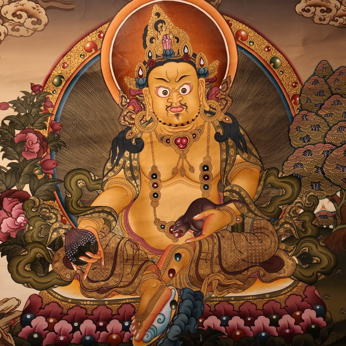  *珍品旧蔵* チベット仏教ドンカ一枚 工芸天然鉱物顔料 大師純手描き 黄財神仏像 SY01-07