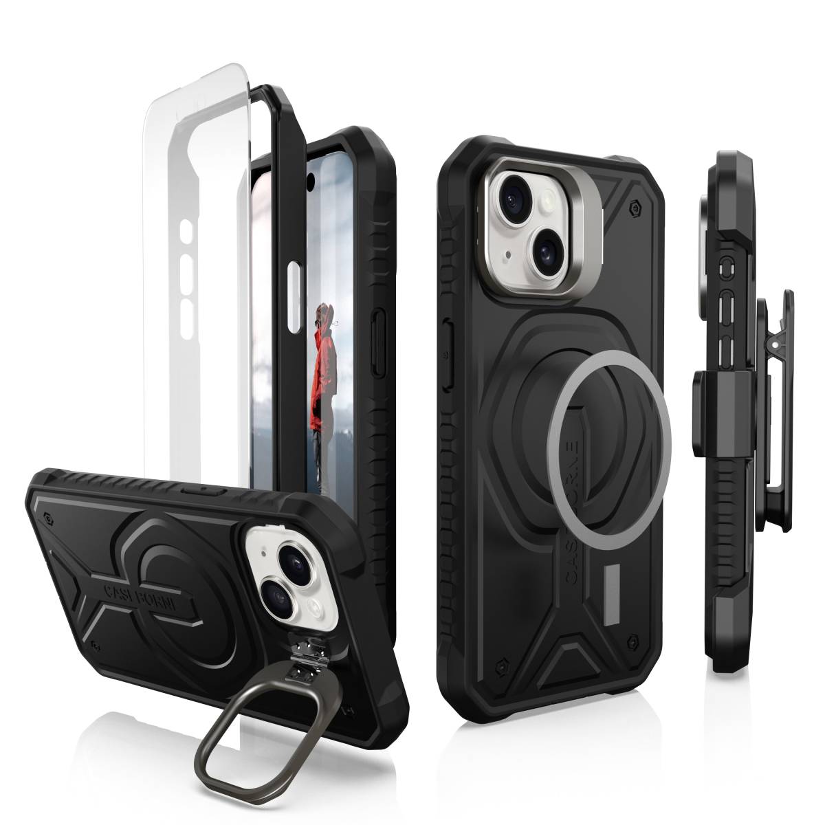 CaseBorne Armadillo Tek iPhone 15 保護ケース MagSafe, 強化ガラススクリーンプロテクター、キックスタンド＆ベルトクリップホルスター付_画像1