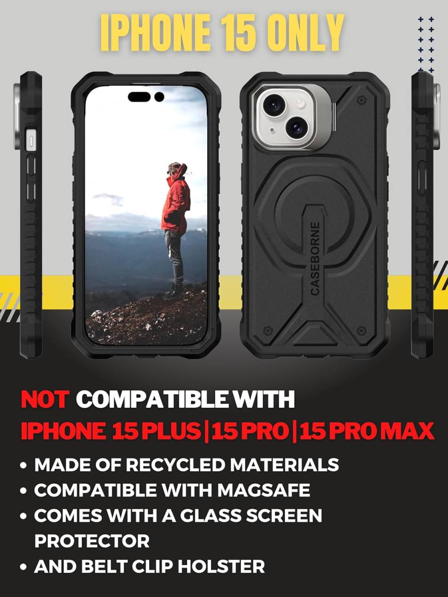 CaseBorne Armadillo Tek iPhone 15 保護ケース MagSafe, 強化ガラススクリーンプロテクター、キックスタンド＆ベルトクリップホルスター付_画像6