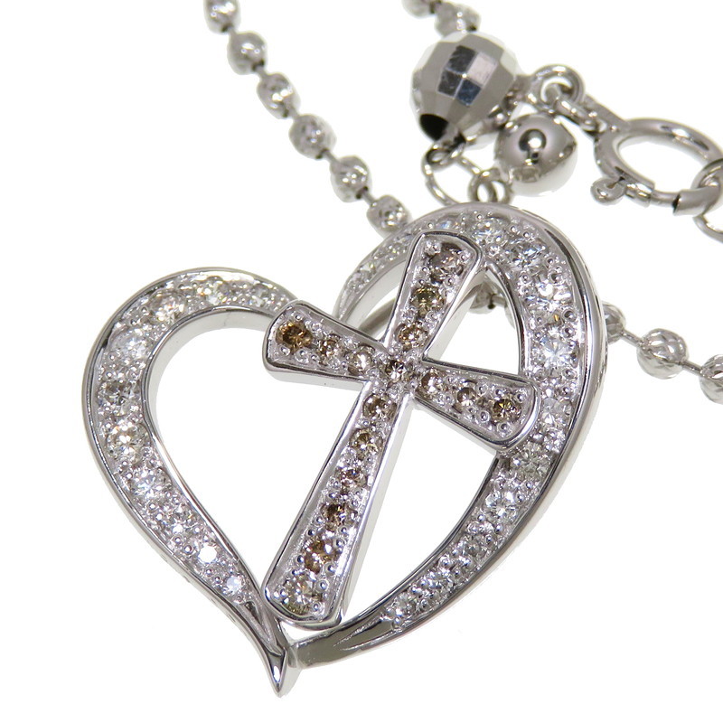 人気新品 ダイヤモンド(ブラウン含む) ハート/クロス 計0.50ct レディース 46cm 8.7g K18WGホワイトゴールド ネックレス ホワイトゴールド