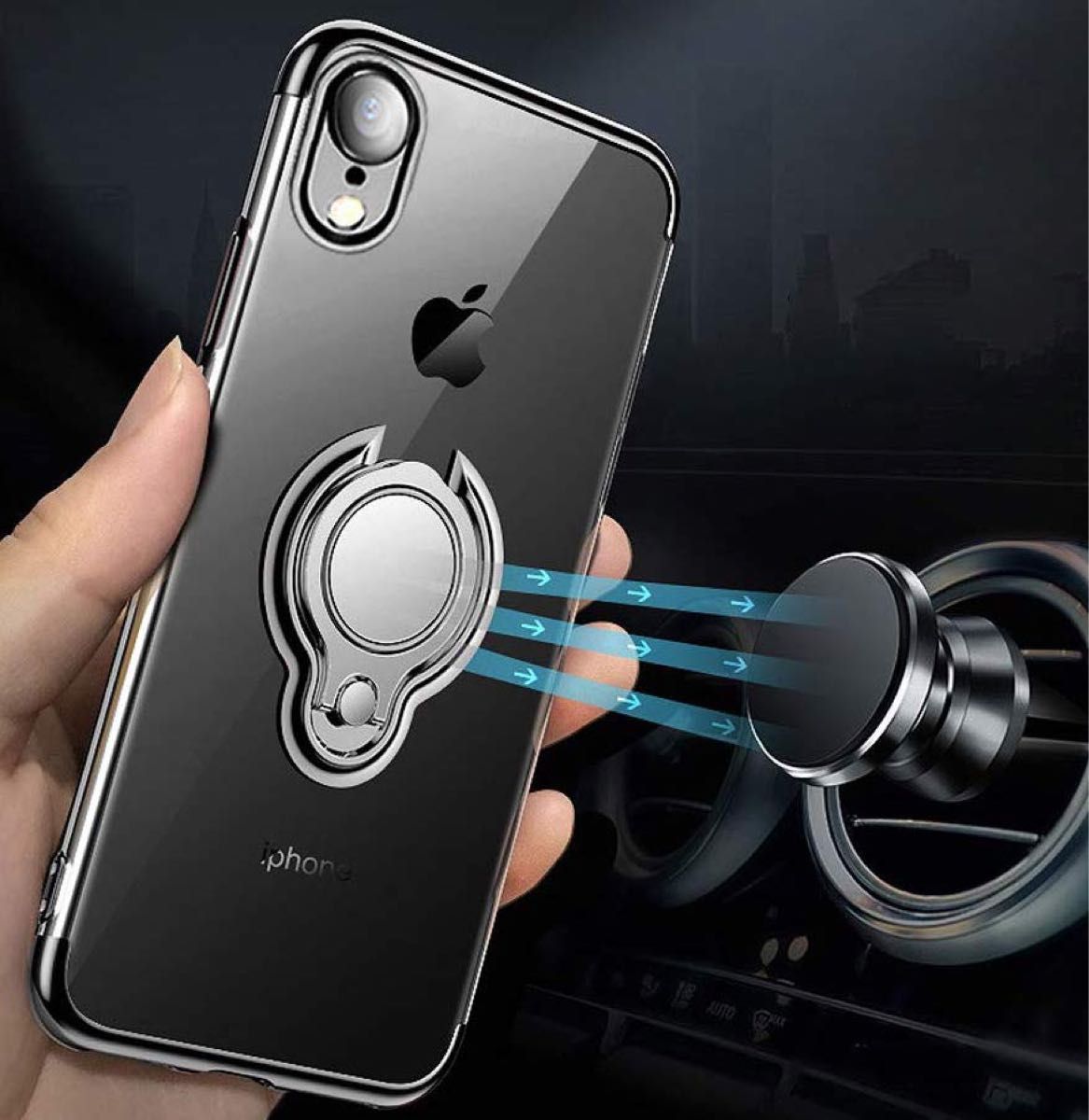 iPhone XR用ケース 黒色 リング付き ブラック 透明 TPU 薄型 軽量 人気オシャレ アイホン アイフォン アイフォーン