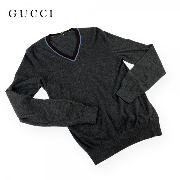 * прекрасный товар / высококлассный ткань * GUCCI Gucci шерсть 100% Logo вышивка линия bai цвет V шея вязаный свитер M размер угольно-серый Италия производства 