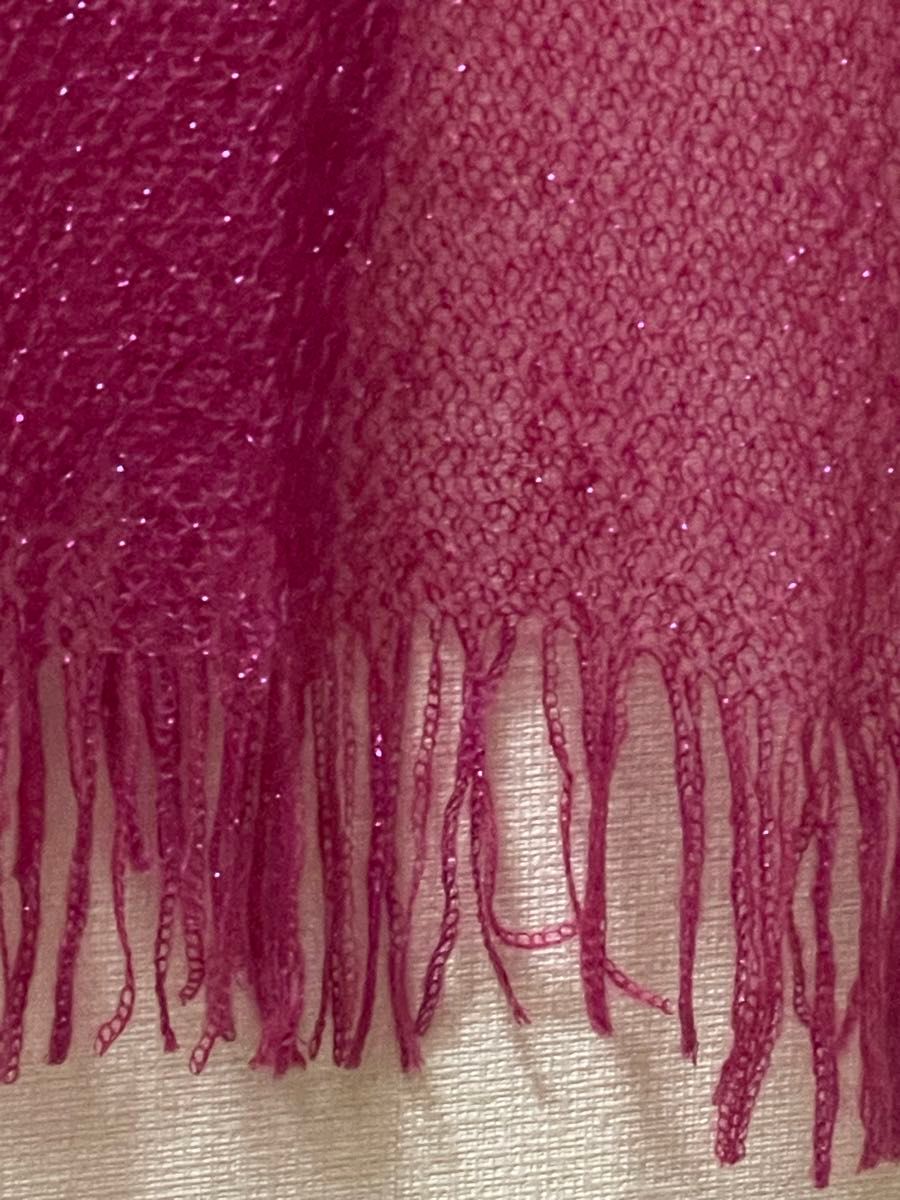 (未使用)機械編み 模様編み ハンドメイド、モヘアウールラメ入り くすみローズ、ピンクの大判ストール マフラー