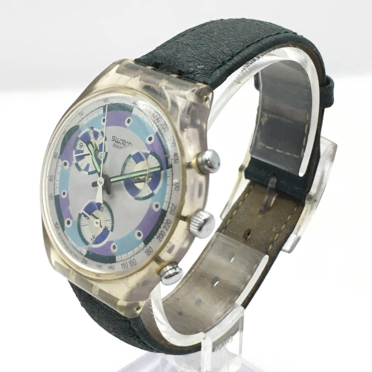 ◯K10-48 swatch/スウォッチ CHRONOGRAPH クロノグラフ 3針 メンズ クォーツ 腕時計 レザーベルト _画像1
