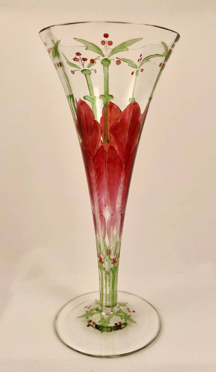 テレージエンタールガラス花瓶 フローフォーム 手描きエナメル アールヌーボーアンティーク 骨董品 ビンテージ