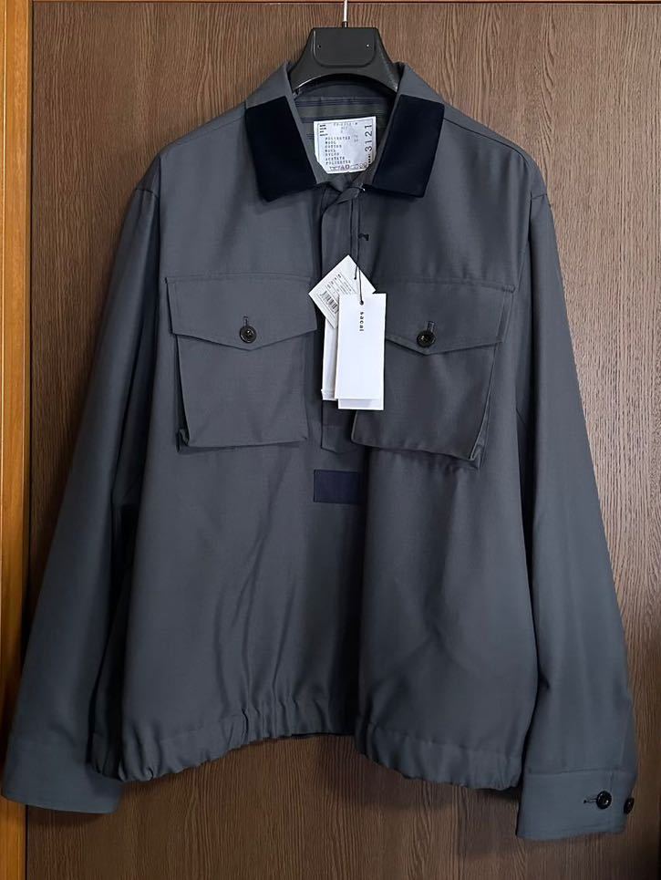 2新品 sacai サカイ メンズ プルオーバー ウールブレンド 長袖 シャツ 23AW size 2 M ドローコード オーバーサイズ グレー_画像1