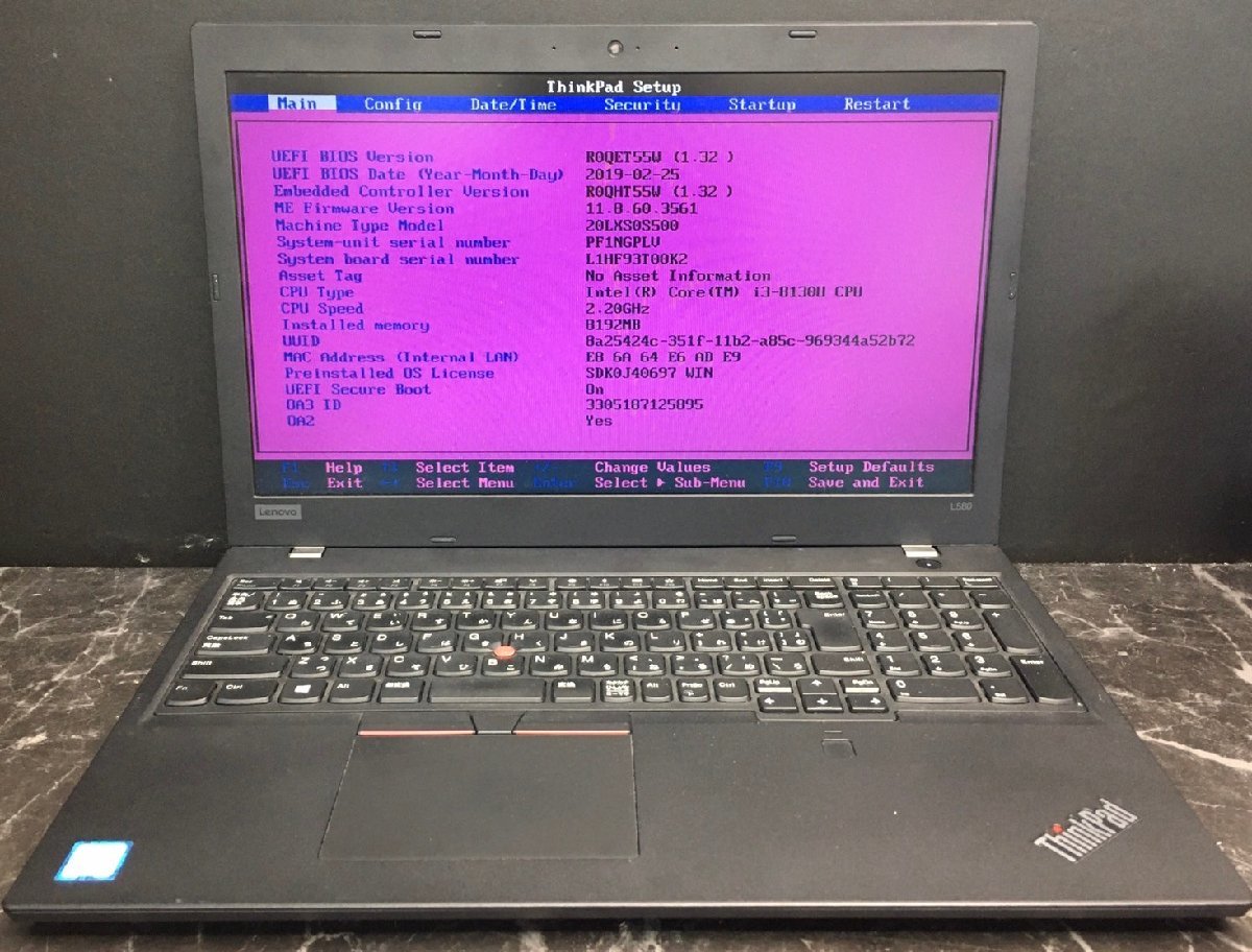 1円～ ■ジャンク LENOVO ThinkPad L580 / 第8世代 / Core i3 8130U 2.20GHz / メモリ 8GB / HDD 500GB / 15.6型 / OS無し / BIOS起動可_画像1