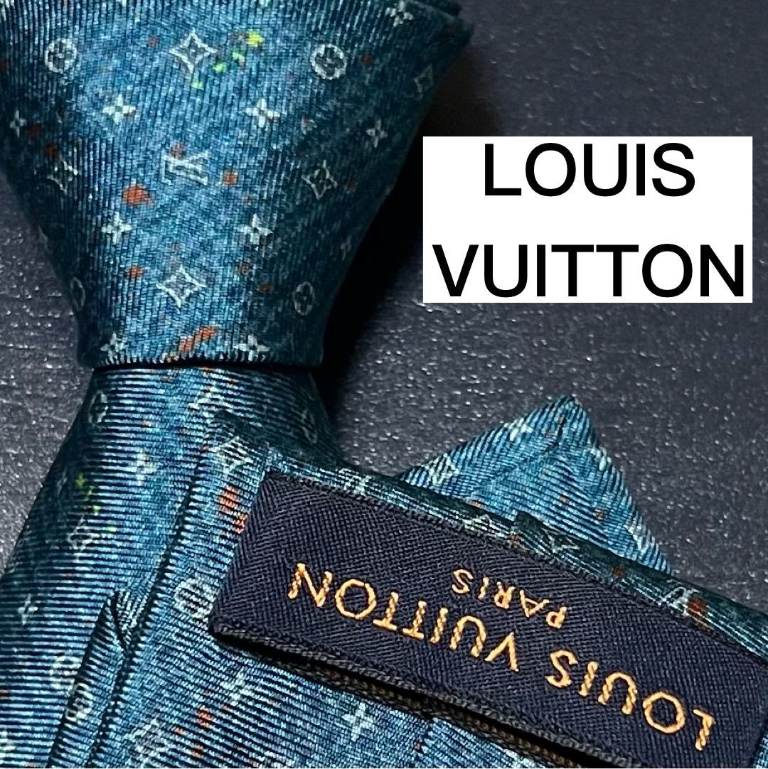 未使用級 LOUIS VUITTON ルイヴィトン ネクタイ 現行 シルク モノグラム ペイント 刺繍 ジャガード LV柄 メンズ ビジネス ブルー系