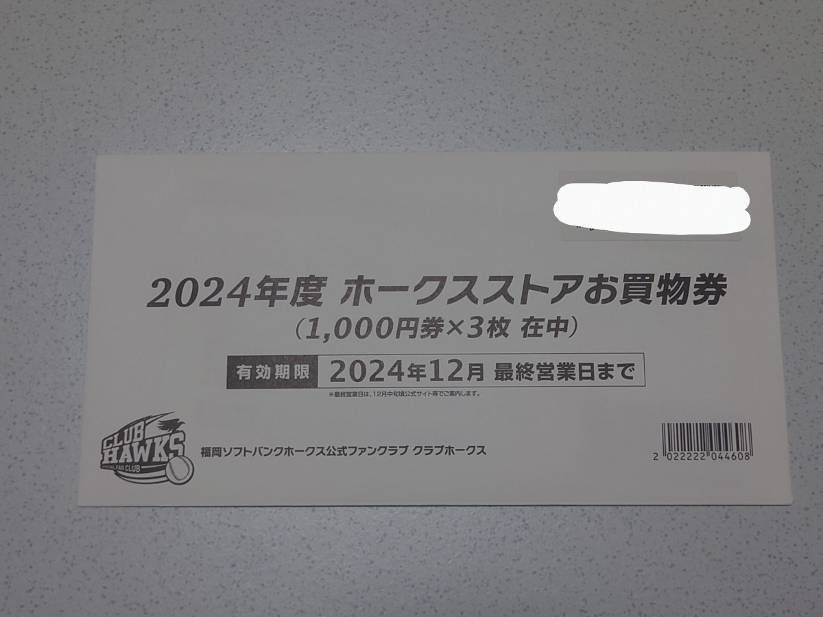 1000円〜【送料無料】【未使用】2024年度 ホークスストアお買物券 3000円分 福岡ソフトバンクホークス お買い物券 ファンクラブ【即決有】_画像1