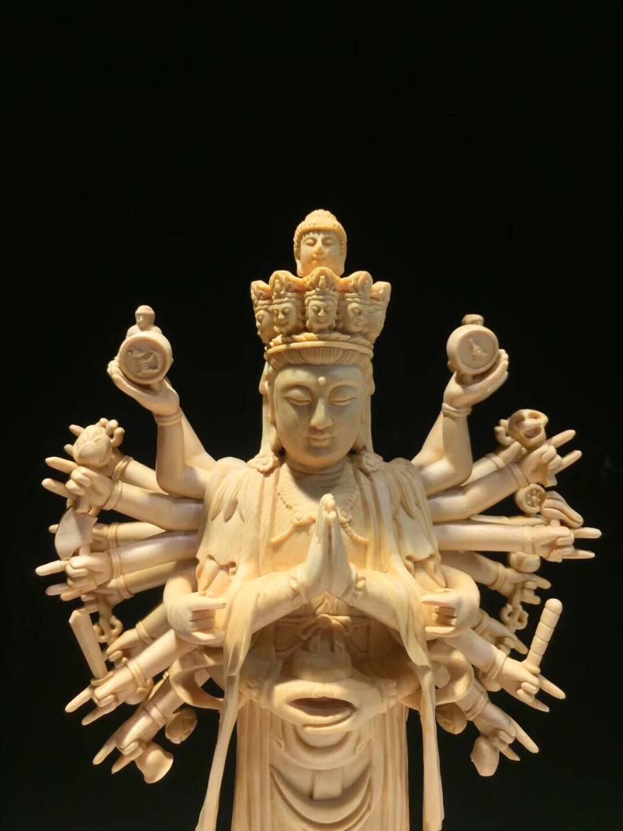 仏教美術 精密彫刻 仏像 手彫り 八角台座 桧木製 千手観音菩薩 高さ約43ｃｍ_画像7