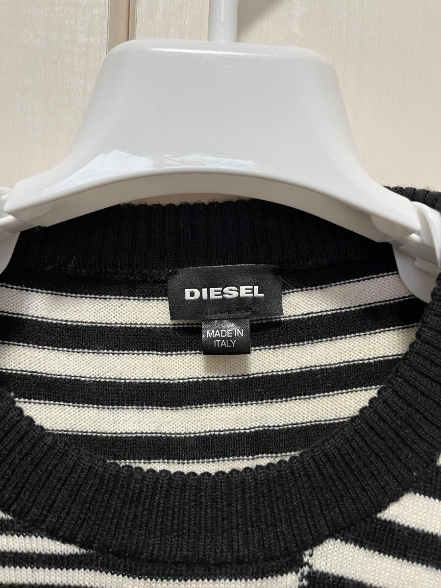 ★DIESEL ディーゼル メンズ★ワンポイントワッペン ボーダー ウール混 薄手 ハイゲージニットセーター【サイズＬ】