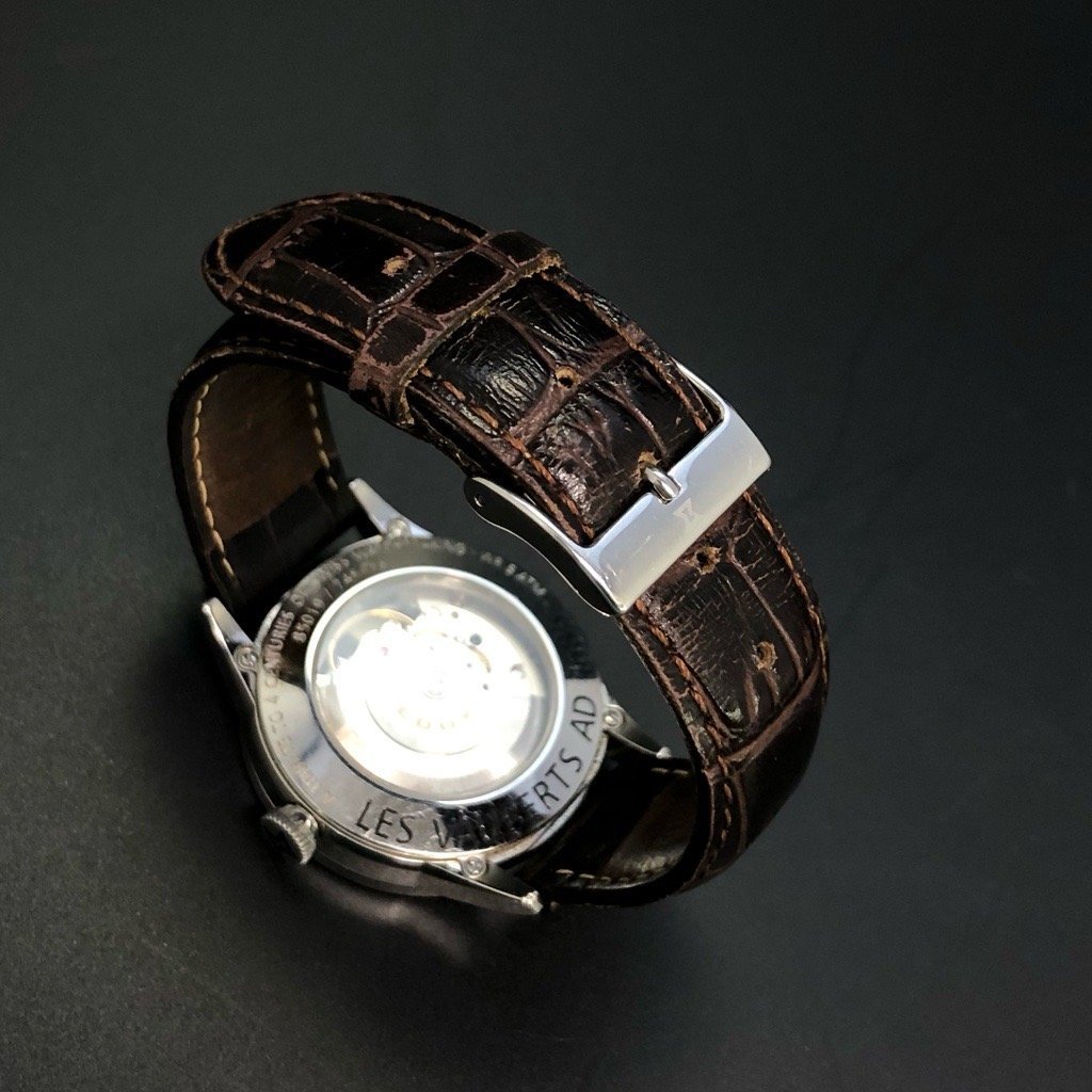 稼働品 EDOX エドックス レ・ヴォベール オープンハート 腕時計 85019 37mm シルバー 動作確認済 純正 革ベルト メンズ SS/AT 最落無_画像9