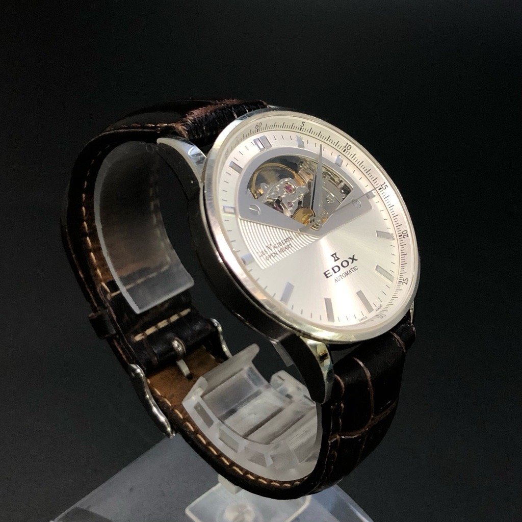 稼働品 EDOX エドックス レ・ヴォベール オープンハート 腕時計 85019 37mm シルバー 動作確認済 純正 革ベルト メンズ SS/AT 最落無_画像4