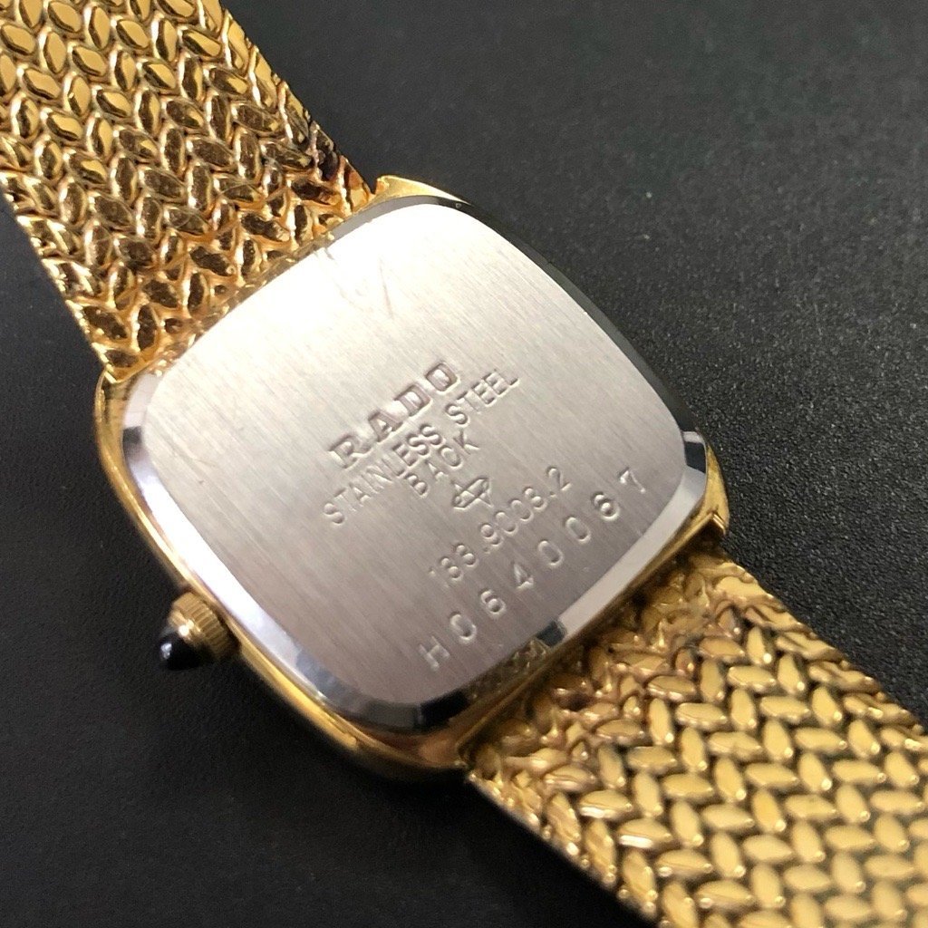 稼働 美品 RADO ラドー エレガンス ゴールド/黒文字盤 BT交換済 腕時計 133.9003.2 GP/QZ スクエア レディース ウォッチ 正規品 最落無_画像3