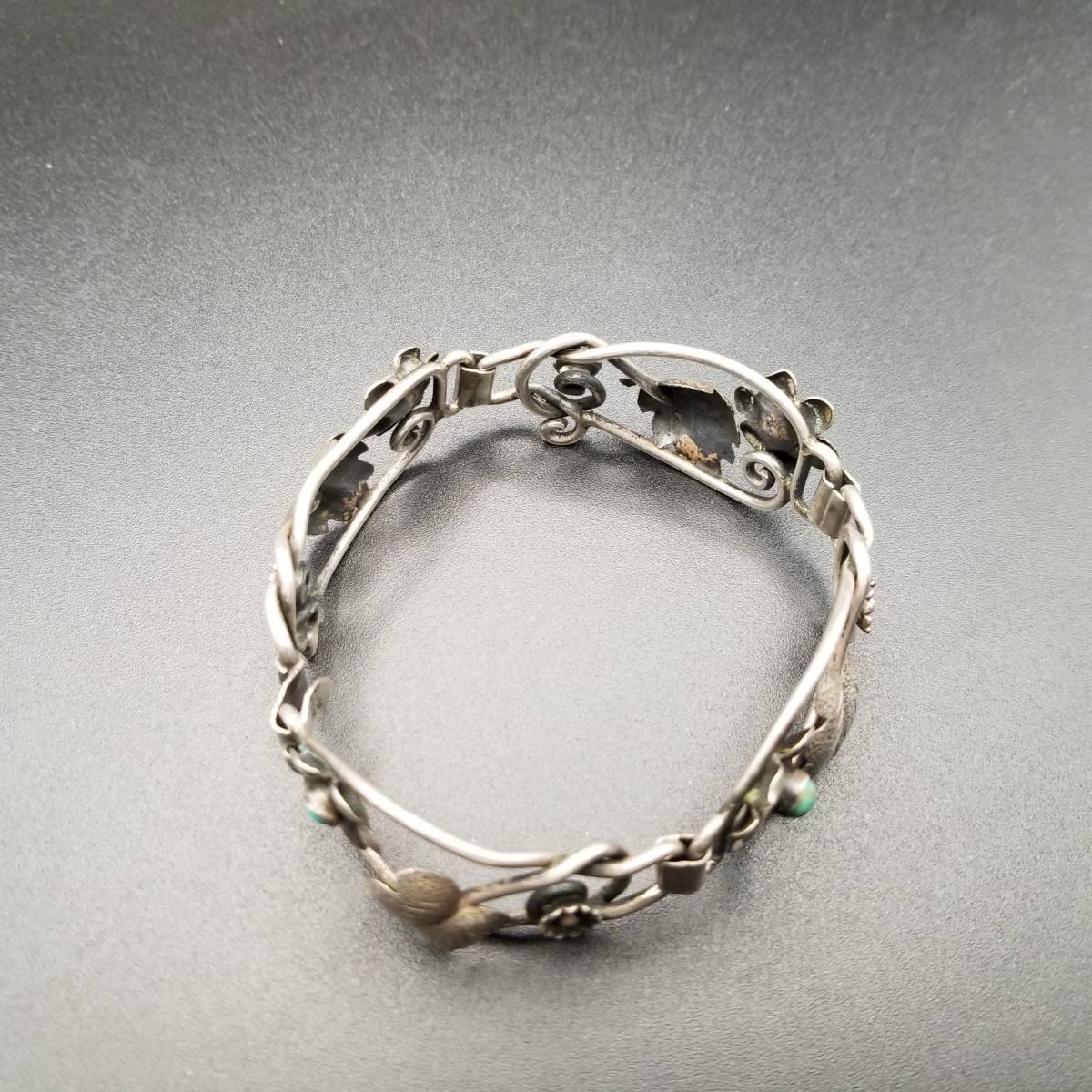 メキシコ ターコイズ フラワー 植物 モチーフ 透かし カボション ヴィンテージ シルバー ブレスレット バングル ジュエリー 25g Y13-I