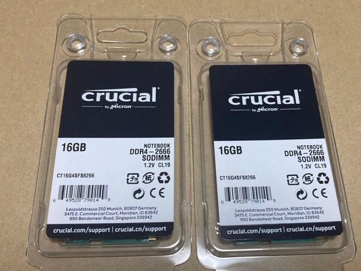 16GBx2枚 合計32GB Crucial ノートPC用 メモリ PC4 21300 DDR4 2666 16GB 管理T3368AR_画像1