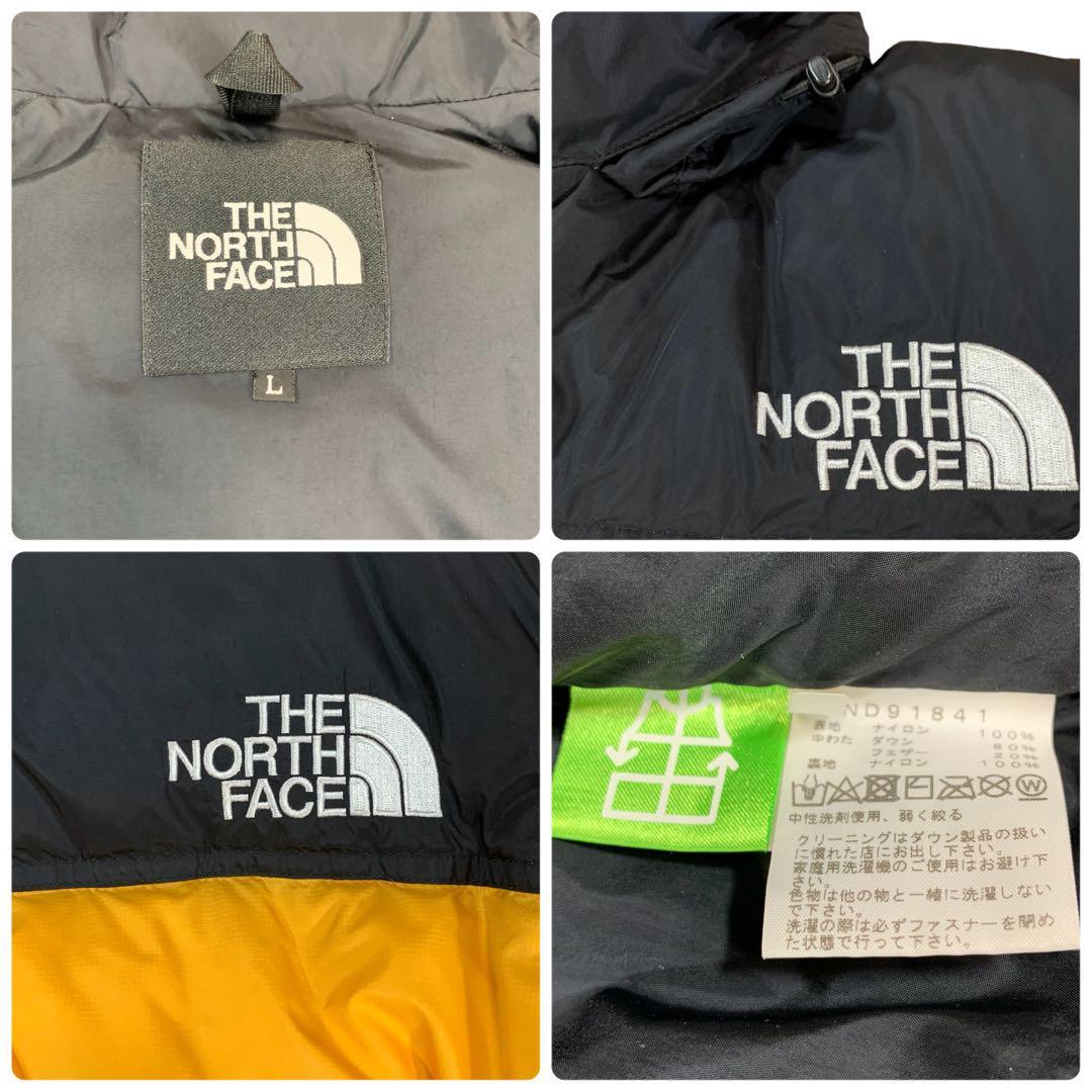 1円 スタート ザノースフェイス THE NORTH FACE ヌプシジャケット ダウンジャケット ND91841 イエロー ブラック カラーブロック L ロゴ刺繍_画像10