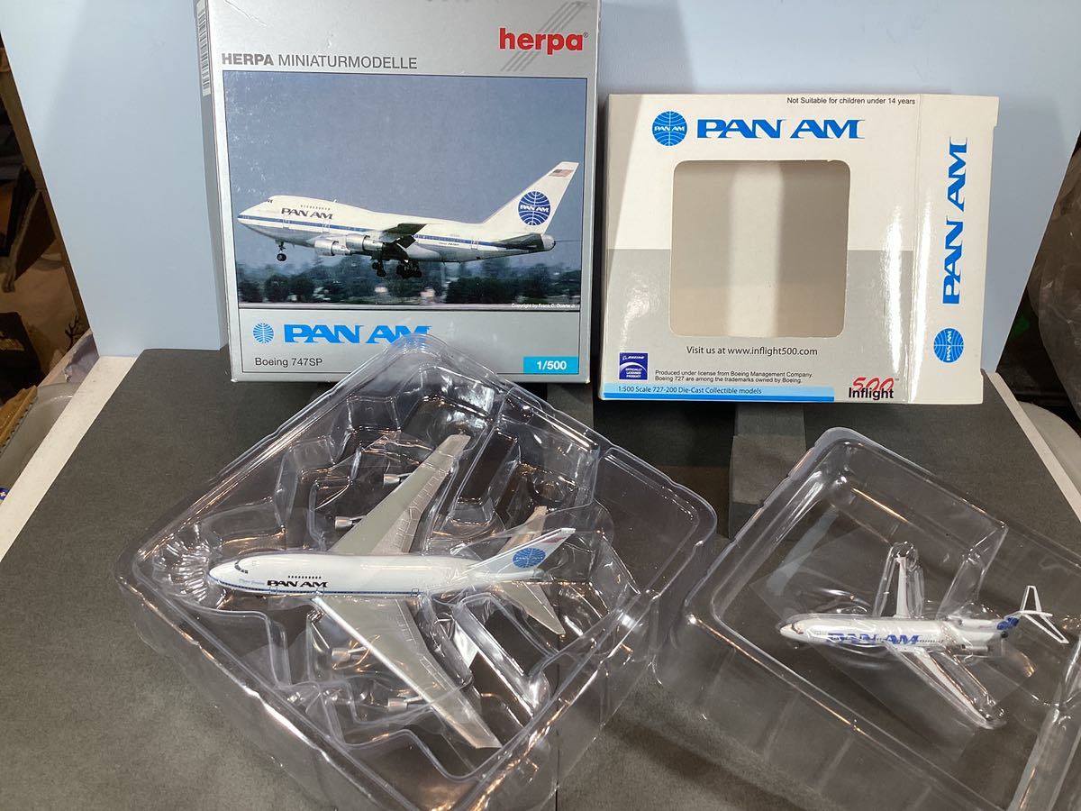 【中古】1/500 パンアメリカン航空 B747SP(herpa)＆1/500 B727-200(500inflight) セット 【送料無料】_画像1