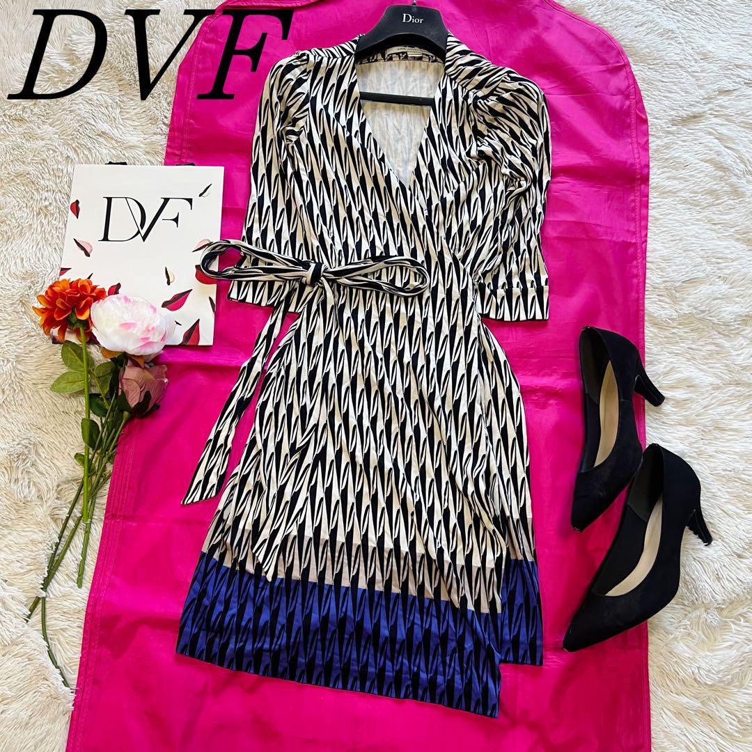 【良品】DIANEvonFURSTENBERG 総柄ラップワンピース シルク 0 ダイアンフォンファステンバーグ S カシュクール Ｖネック DVF 七分袖_画像1