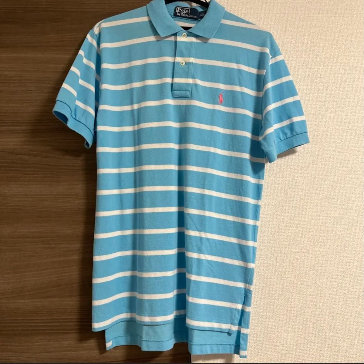 ラルフローレン シャツ POLO ポロシャツ　水色　青　ボーダー　ピンクロゴ　古着　半袖
