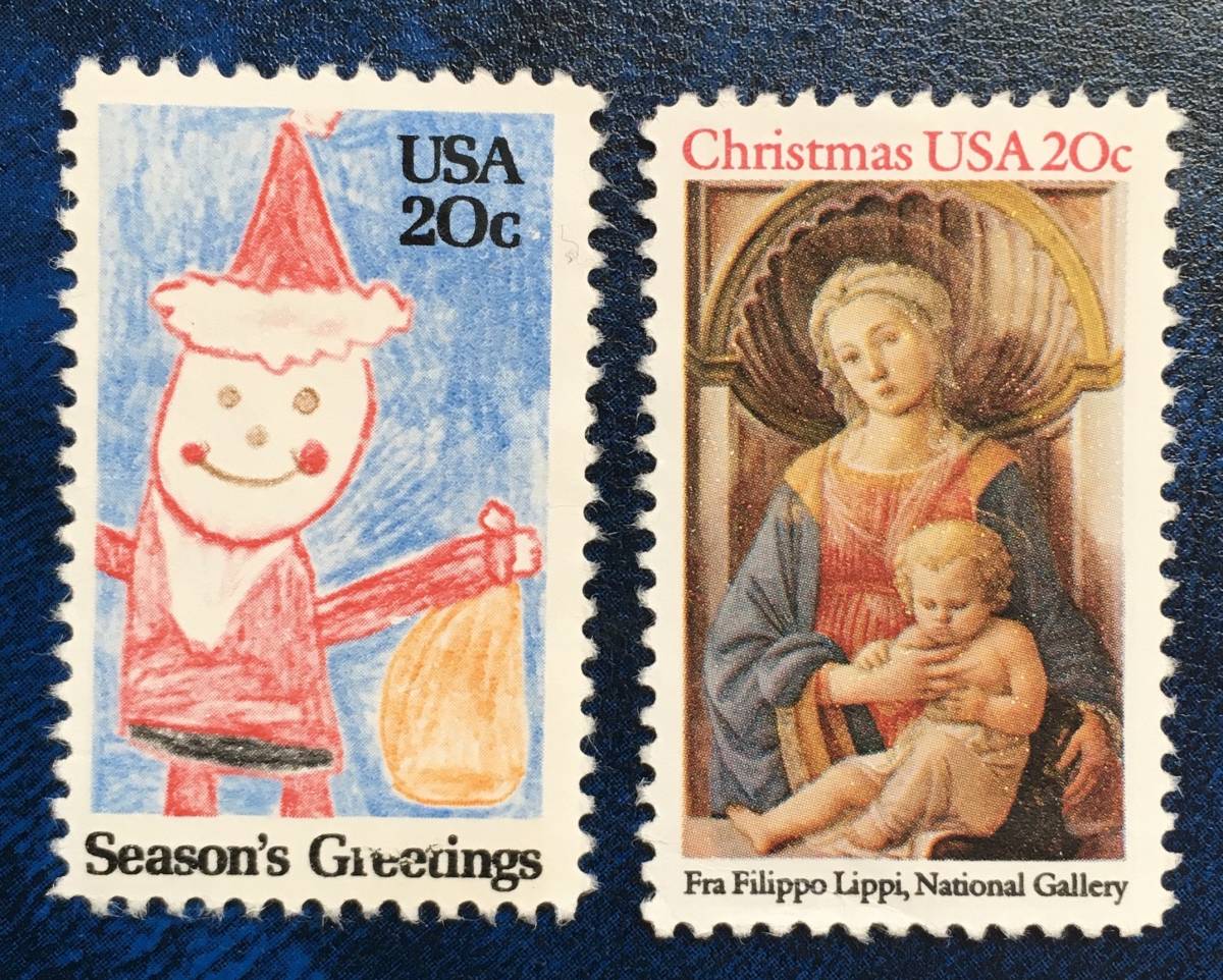 【絵画切手】アメリカ 1984年 クリスマス 全2種完 マドンナ/フラ・フリッポ画 サンタクロース未使用の画像1