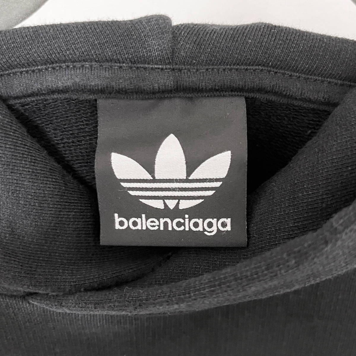 美品 BALENCIAGA×adidas バレンシアガ アディダス 23SS ダメージ加工 スリーライン プルオーバーパーカー 712395 TNVA8 Lサイズ ブラック_画像4